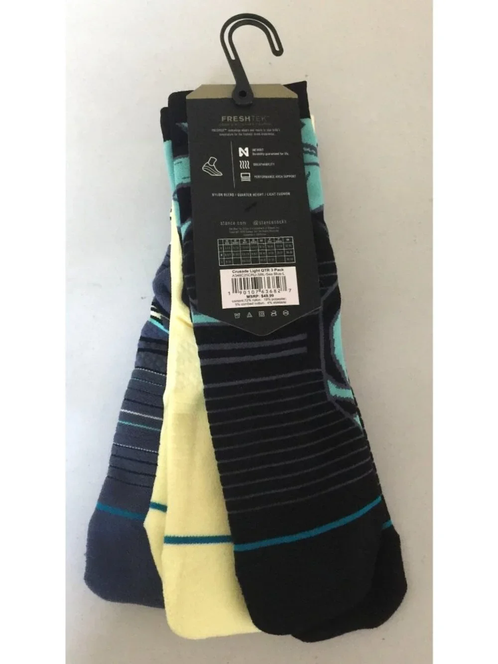 Stance Men's CRUSADE Light QTR Run 3 Pack Size Large 9-13 Sea Blue Yellow Black